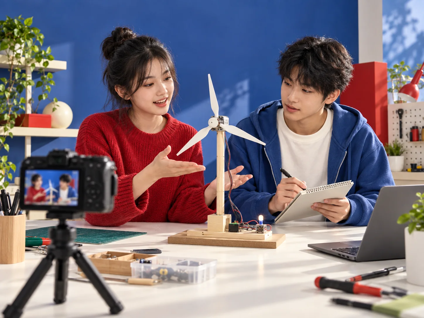 两位青少年讲解风力发电小原型、用相机记录创作的 AI 场景示意
