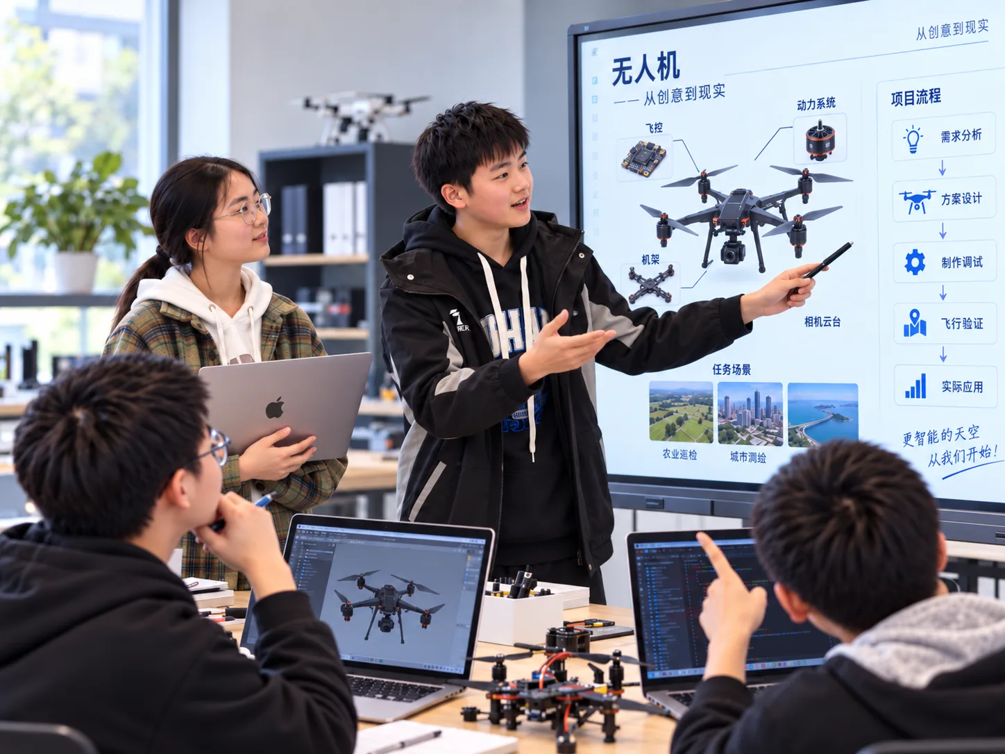 少年在教室讲解无人机项目，同学围绕讨论的 AI 场景示意