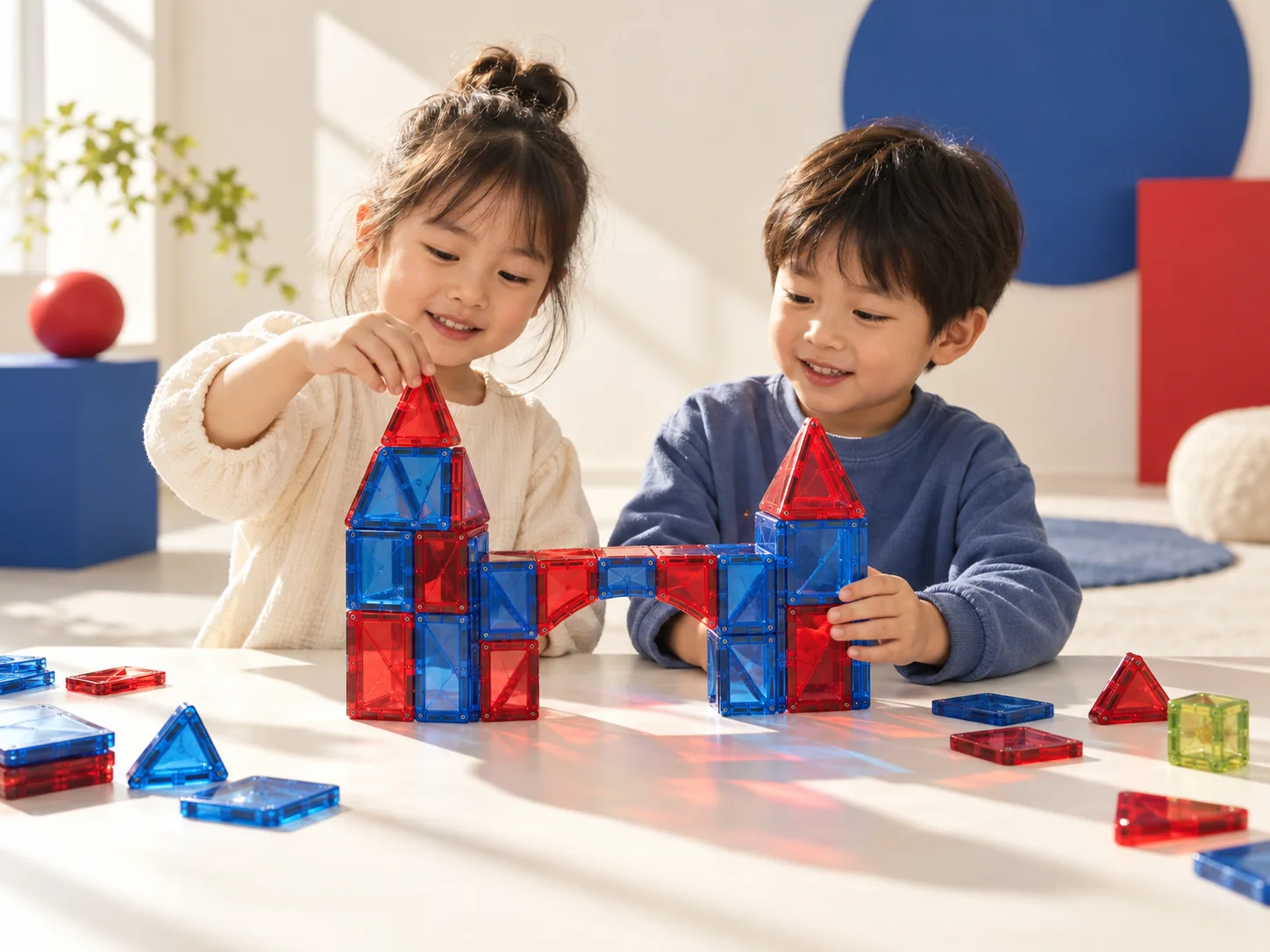 两位幼儿协作搭建红蓝透明磁力片拱桥的 AI 科学启蒙场景示意